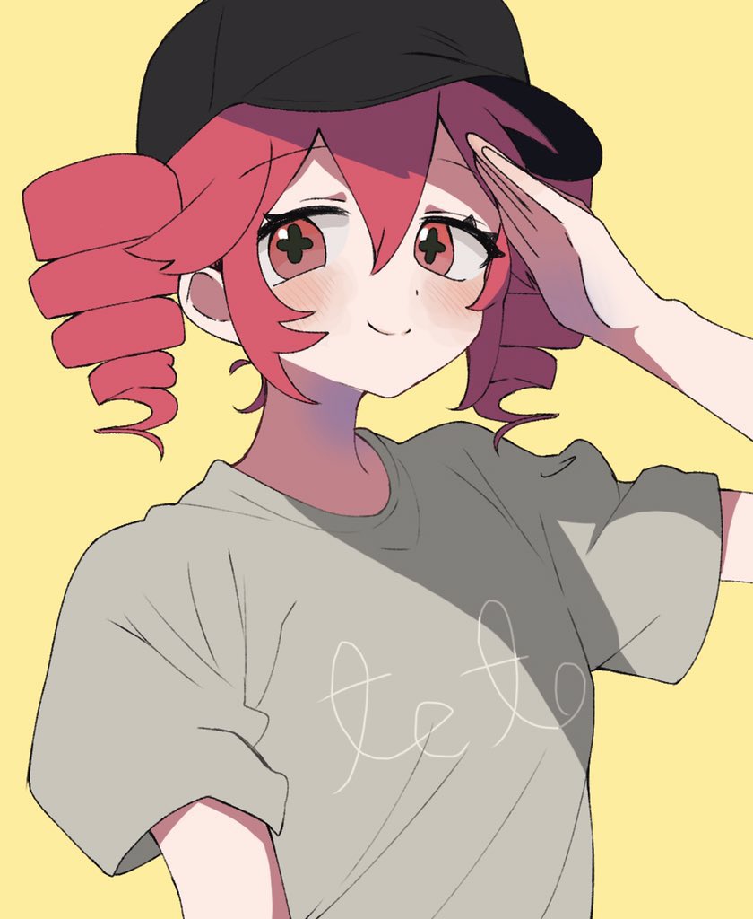 +_+ 1girl baseball_cap black_hat dot_nose drill_hair flat_color grey_shirt hair_between_eyes hand_up hat kasane_teto kasane_teto_(sv) light_blush looking_at_viewer medium_hair override_(synthesizer_v) print_shirt red_hair salute shirt short_sleeves sidelocks simple_background smile solo symbol-shaped_pupils synthesizer_v twin_drills ur_(ur_o_) utau yellow_background