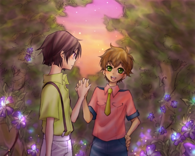 alternate_costume artist_request brown_hair casual child code_geass flower forest green_eyes hand_on_hip holding_hands kururugi_suzaku lelouch_lamperouge multiple_boys nature necktie purple_eyes smile star sunset suspenders younger