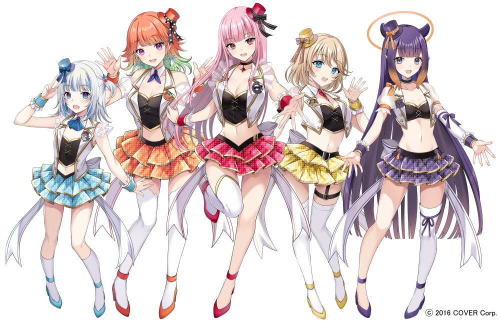 5girls ankle_strap back_bow bare_shoulders black_bustier blonde_hair blue_skirt blush bow bow_skirt breasts bustier cleavage color-coded cropped_jacket cropped_vest detached_sleeves frilled_vest frills full_body gawr_gura gradient_hair green_hair grey_hair harimoji hat high_heels hololive hololive_english holomyth holomyth_anniversary_outfit jacket layered_skirt looking_at_viewer medium_hair midriff mini_hat mini_top_hat miniskirt mori_calliope multicolored_hair multiple_girls navel ninomae_ina'nis offering_hand official_alternate_costume official_art open_mouth orange_hair orange_skirt pink_hair puffy_detached_sleeves puffy_short_sleeves puffy_sleeves pumps purple_hair purple_skirt reaching reaching_towards_viewer red_skirt see-through see-through_sleeves short_sleeves simple_background single_thighhigh skirt smile socks strapless takanashi_kiara tentacle_hair thighhighs tilted_headwear top_hat v_over_eye vest virtual_youtuber watson_amelia waving white_background white_bow white_jacket white_socks white_thighhighs white_vest wrist_cuffs yellow_skirt