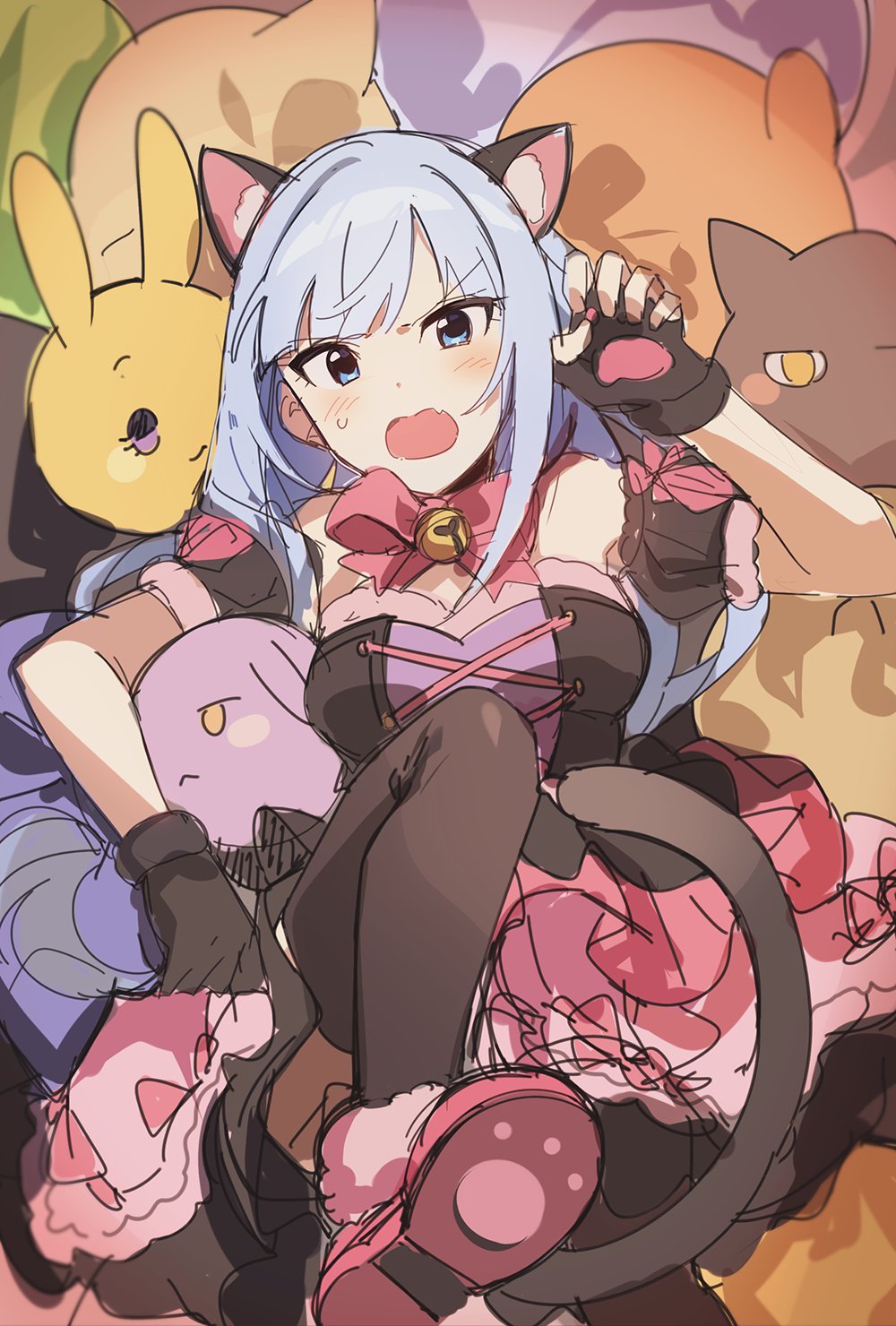 1girl animal_ear_fluff animal_ears ap_bar arm_garter bare_shoulders bell black_gloves black_thighhighs blue_eyes blue_hair blush bow bowtie breasts cat_ears cat_tail dot_nose dress fake_animal_ears fake_tail fang fingerless_gloves gloves hand_up highres idolmaster idolmaster_million_live! idolmaster_million_live!_theater_days jingle_bell knee_up light_blue_hair long_hair looking_at_viewer lying medium_breasts neck_bell on_back open_mouth paw_pose pink_bow pink_bowtie pink_dress pink_footwear shiraishi_tsumugi shoe_soles shoes solo stuffed_animal stuffed_cat stuffed_rabbit stuffed_toy sweatdrop tail thighhighs