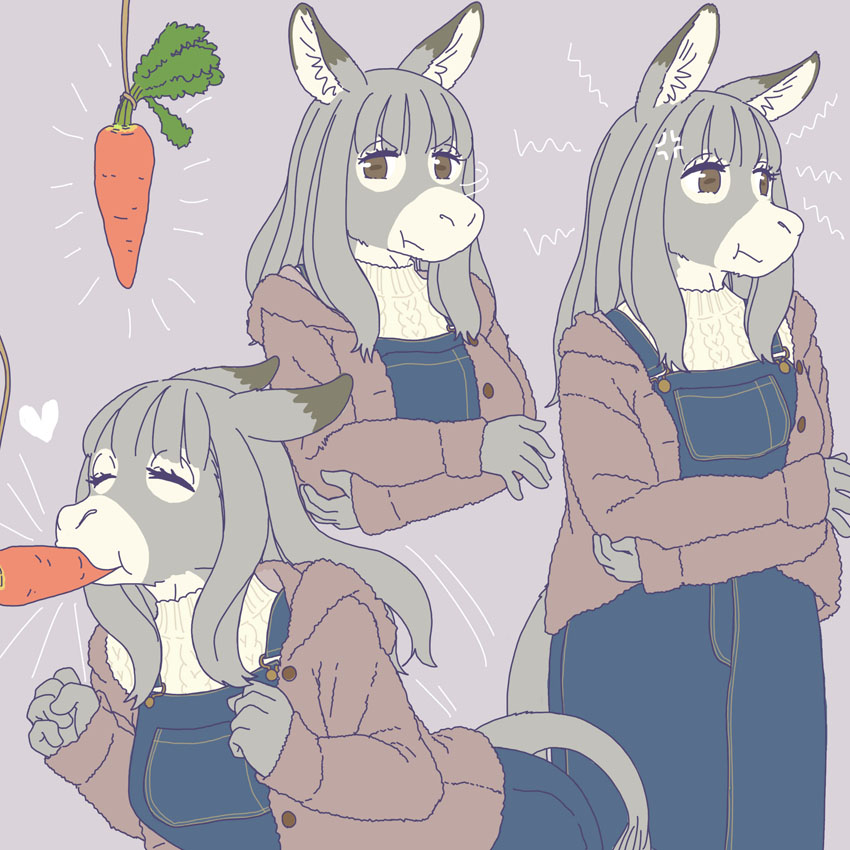 1:1 anthro asinus carrot clothed clothing cross-popping_vein crossed_arms donkey ekaki510 equid equine female food kemono mammal nom plant solo vegetable