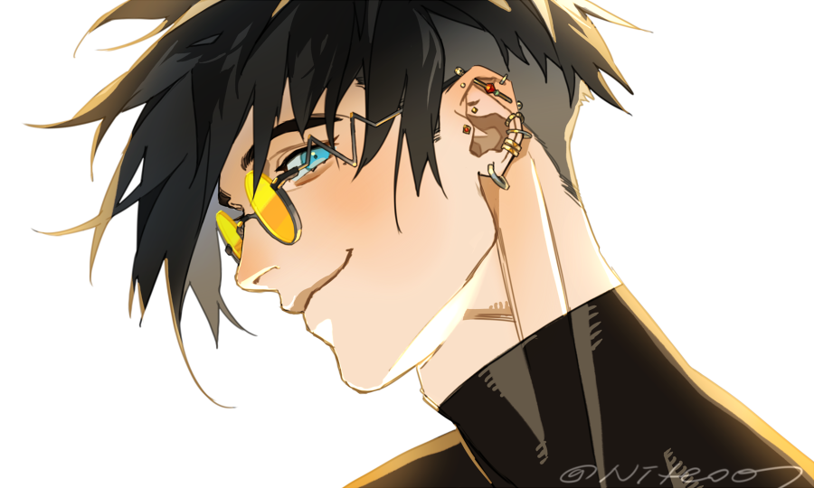 1boy backlighting barbell_piercing black_hair blue_eyes earrings from_side jewelry looking_at_viewer male_focus mole mole_under_eye multiple_earrings niteo07 official_alternate_hair_color piercing portrait sideways_glance simple_background smirk solo tinted_eyewear trigun twitter_username undercut vash_the_stampede white_background yellow-tinted_eyewear