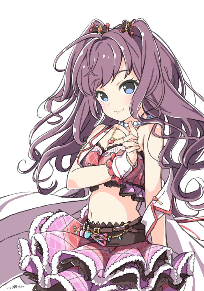 1girl :3 ahoge bare_shoulders blue_eyes blush breasts brown_hair character_name cleavage closed_mouth collarbone cowboy_shot dot_nose eyelashes ichinose_shiki idolmaster idolmaster_cinderella_girls jewelry kuresuku_(lessons) layered_skirt long_hair looking_at_viewer medium_breasts navel necklace pearl_necklace plaid plaid_skirt plaid_tank_top shirt shirt_slip simple_background skirt solo two_side_up wavy_hair white_background white_shirt