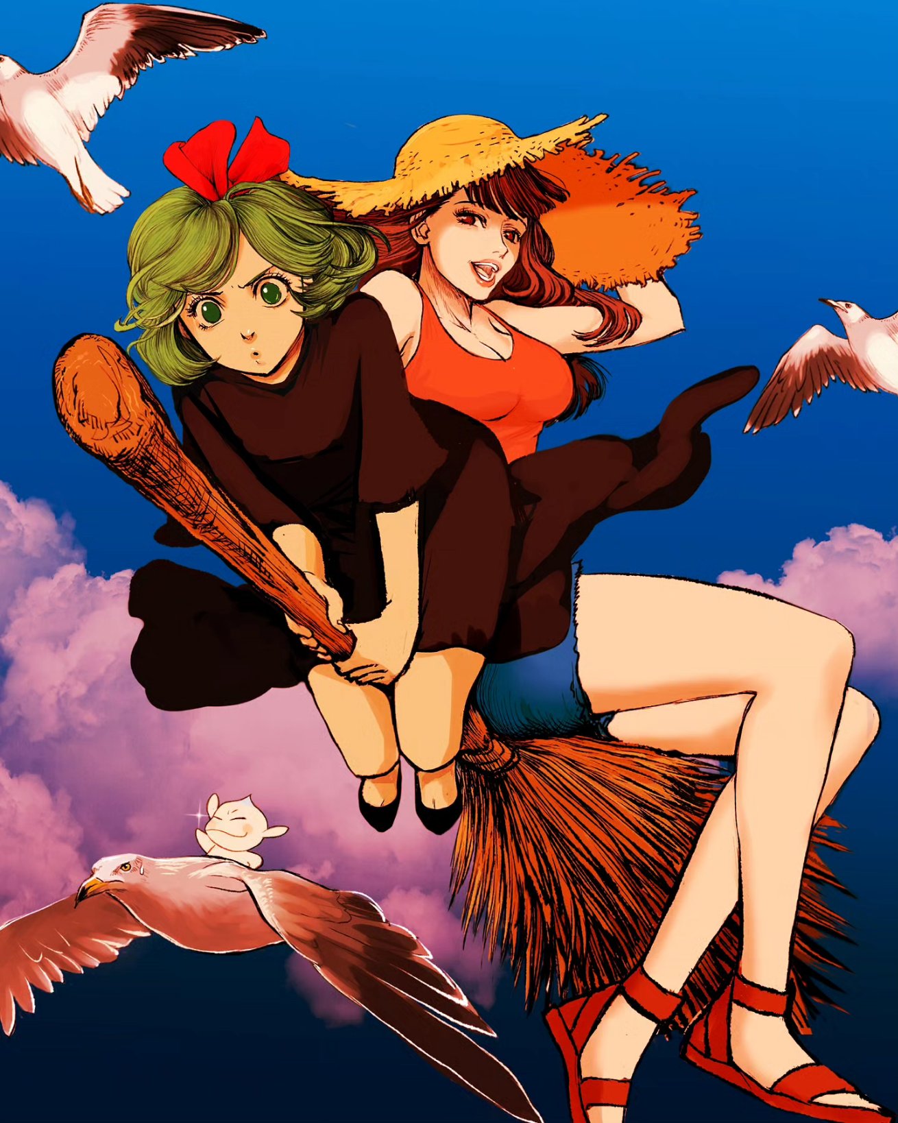 berserk bird black_dress blue_shirt breasts broom broom_riding brown_eyes brown_hair character_name character_request cleavage commentary_request cosplay dress green_eyes green_hair hair_ribbon hat highres kiki_(majo_no_takkyuubin) kiki_(majo_no_takkyuubin)_(cosplay) majo_no_takkyuubin medium_breasts nisino2222 red_ribbon ribbon sandals schierke_(berserk) seagull shirt sun_hat ursula_(majo_no_takkyuubin) ursula_(majo_no_takkyuubin)_(cosplay)