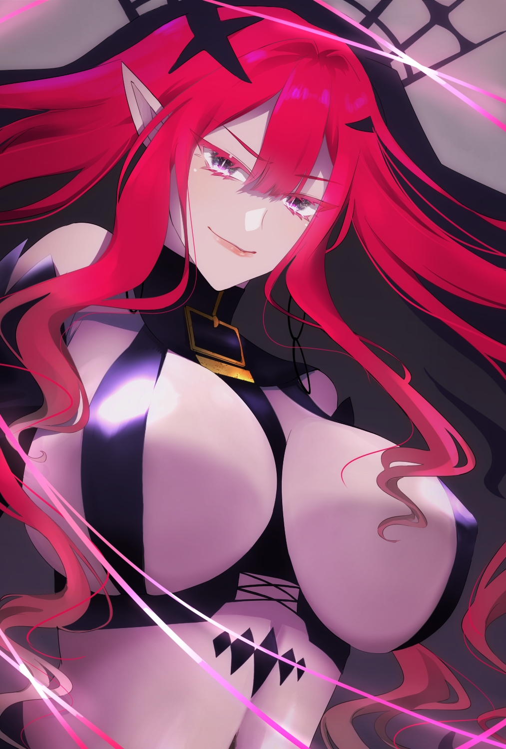 1girl baobhan_sith_(fate) baobhan_sith_(second_ascension)_(fate) bare_shoulders breasts closed_mouth covered_nipples detached_sleeves fate/grand_order fate_(series) grey_background grey_eyes highres large_breasts long_hair navel petori1902 pointy_ears red_hair revealing_clothes sidelocks smile solo upper_body veil