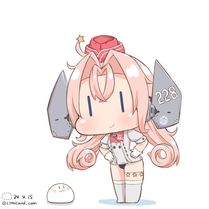 1girl breasts chibi closed_mouth crossed_bangs curtained_hair dated drum_(kancolle) full_body gloves hair_between_eyes hands_on_own_hips headgear jacket kantai_collection light_smile long_hair no_nose no_pants no_shoes number_print one-hour_drawing_challenge pink_hair pink_hat shiromaru_(maniado) short_sleeves skull_and_crossbones skull_print small_breasts standing star_(symbol) swimsuit swimsuit_under_clothes thighhighs thighs twitter_username very_long_hair white_gloves white_jacket white_thighhighs |_|