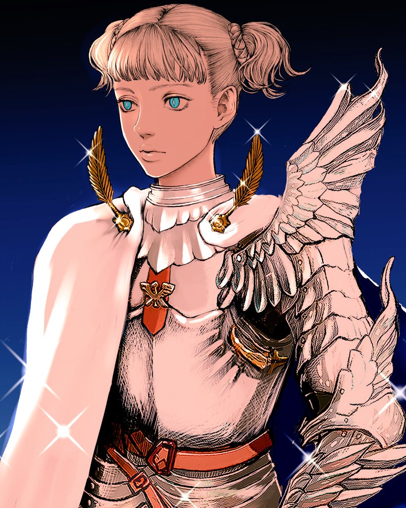 1girl armor berserk blonde_hair blue_background blue_eyes braid cape commentary_request cosplay farnese_(berserk) griffith_(berserk) griffith_(berserk)_(cosplay) nisino2222 profile short_twintails solo sparkle twintails upper_body white_cape