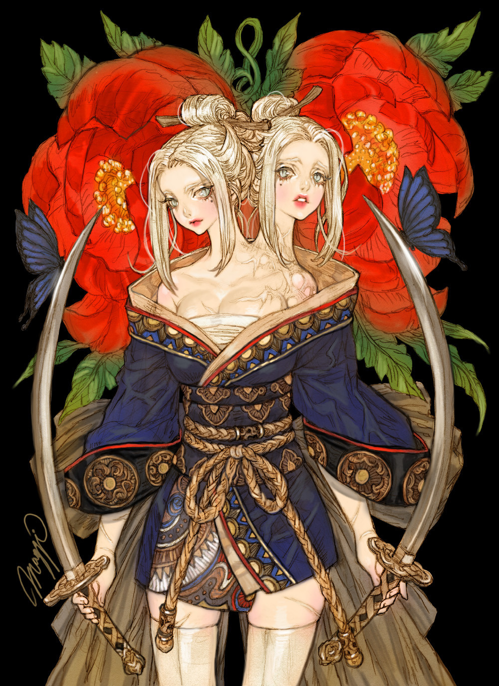 2girls arms_at_sides bare_shoulders black_background blue_butterfly blue_kimono breasts bug butterfly chest_sarashi closed_mouth commentary conjoined cowboy_shot english_commentary flower hair_bun hair_ornament hair_stick highres holding holding_sword holding_weapon japanese_clothes kimono long_sleeves looking_at_viewer maggi medium_breasts mole mole_under_eye multiple_girls multiple_heads obi off_shoulder original parted_bangs parted_lips red_flower red_lips rope sarashi sash scar scar_on_breasts scar_on_chest scar_on_leg scar_on_neck scar_on_shoulder short_kimono siblings signature single_hair_bun sisters slit_pupils sword thighhighs twins updo veins weapon white_thighhighs wide_sleeves