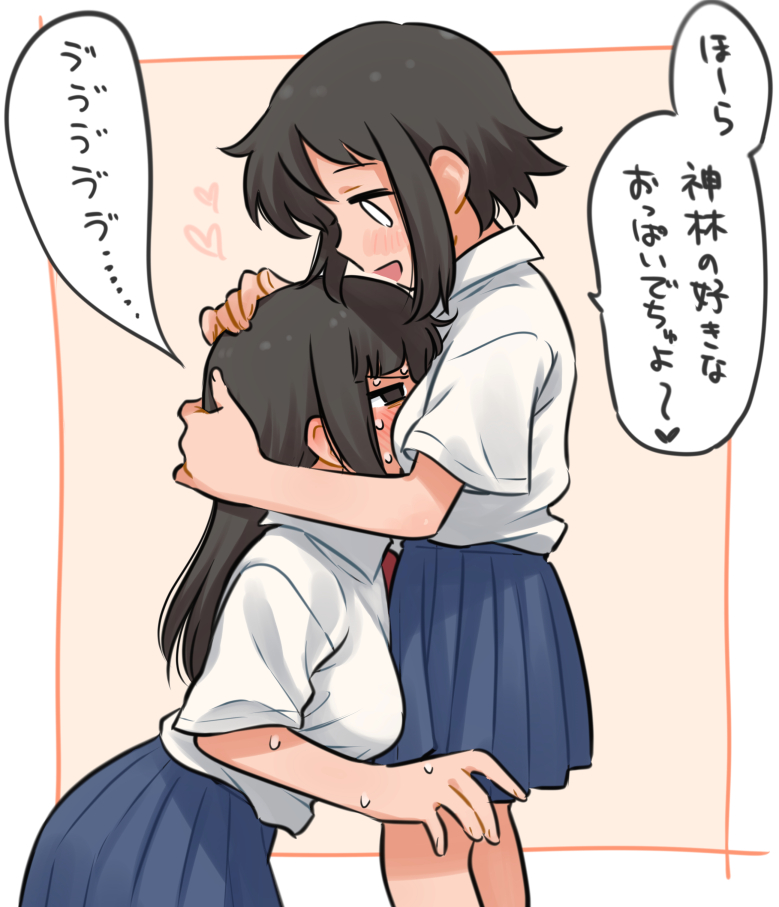 0_0 2girls \||/ bernard-jou_iwaku. between_breasts black_eyes black_hair blue_skirt blush border breasts collared_shirt feet_out_of_frame forced_hug from_side full-face_blush half-closed_eyes hands_on_another's_head head_between_breasts head_on_chest kanbayashi_shiori kneeling long_hair looking_at_another looking_down machida_sawako meis_(terameisu) multiple_girls nervous_sweating open_mouth orange_background outside_border pleated_skirt profile school_uniform shirt shirt_tucked_in short_hair short_sleeves simple_background skirt small_breasts smile speech_bubble standing sweat translation_request white_border white_eyes white_shirt yuri