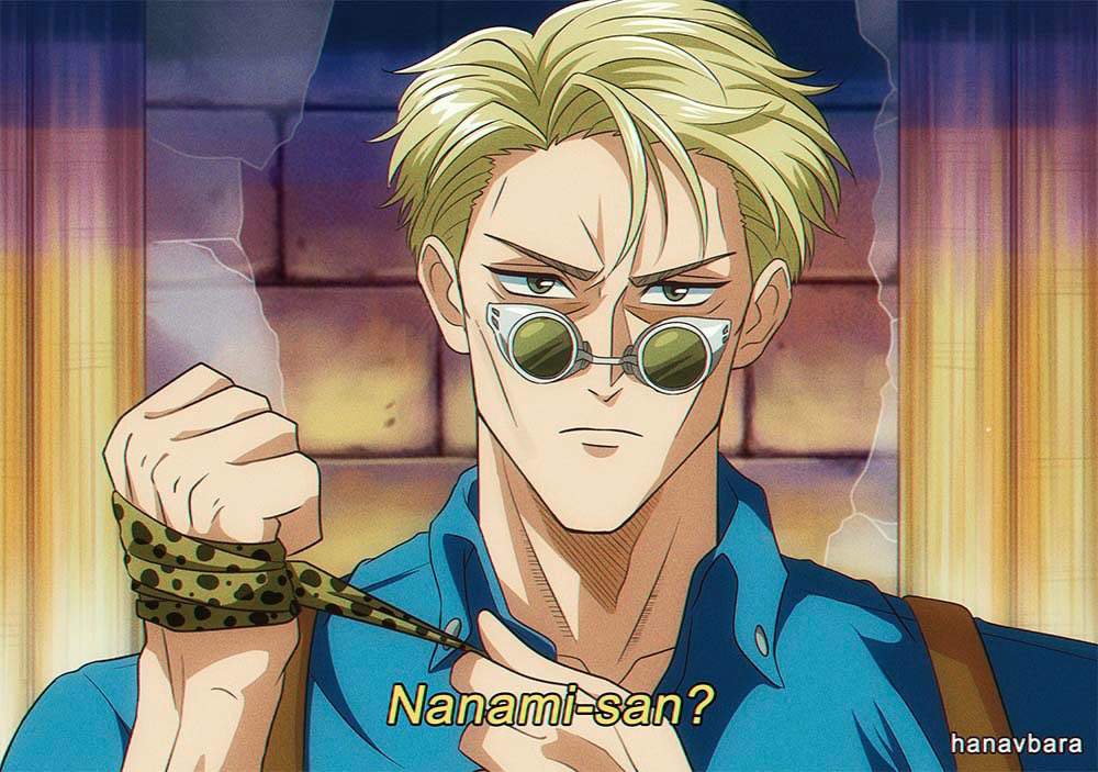 1990s_(style) 1boy artist_name blonde_hair blue_shirt brick_wall broken_glass collared_shirt fake_screenshot glass goggles green_eyes hanavbara jujutsu_kaisen light_frown looking_at_viewer male_focus mature_male nanami_kento portrait retro_artstyle ribbon serious shirt short_hair solo subtitled v-shaped_eyebrows