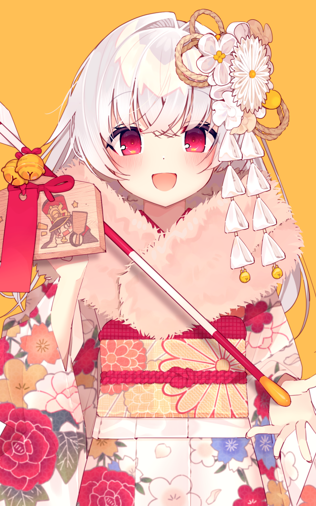 1girl arrow_(projectile) bell blush clara_(honkai:_star_rail) ema eyebrows_hidden_by_hair flat_chest floral_print_kimono floral_print_sash flower fur_scarf hair_between_eyes hair_flower hair_ornament holding holding_arrow honkai:_star_rail honkai_(series) jingle_bell koori long_hair looking_at_viewer obi open_mouth pom-pom_(honkai:_star_rail) red_eyes sash smile solo upper_body white_hair yellow_background