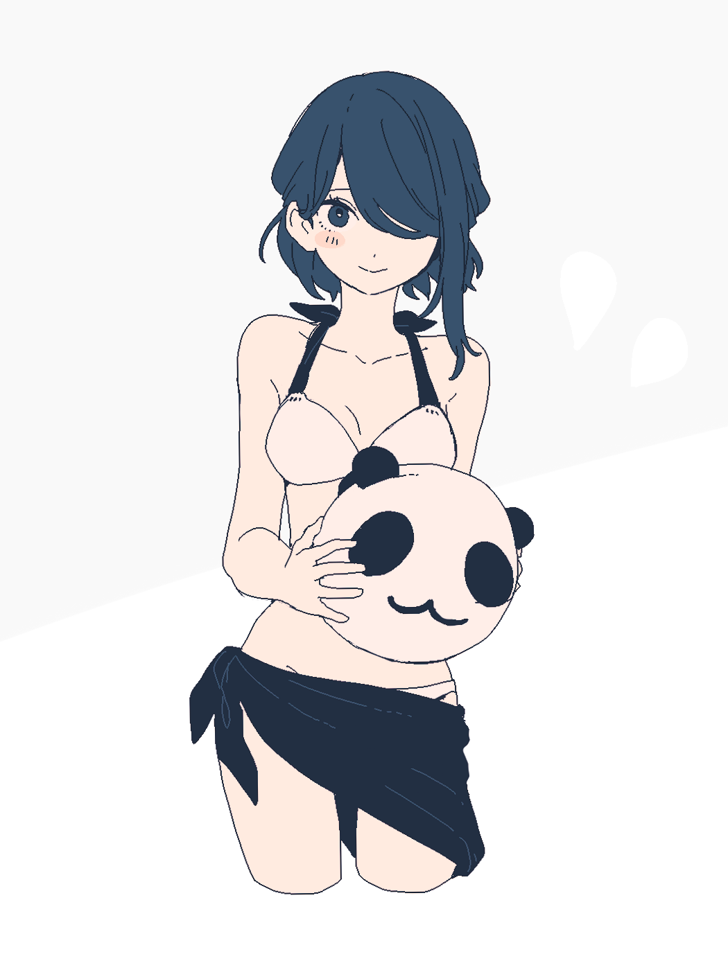 1girl bikini blue_eyes blue_hair blush_stickers cropped_legs hair_over_one_eye highres holding holding_stuffed_toy looking_at_viewer maco22 original sarong short_hair smile solo stuffed_animal stuffed_panda stuffed_toy swimsuit