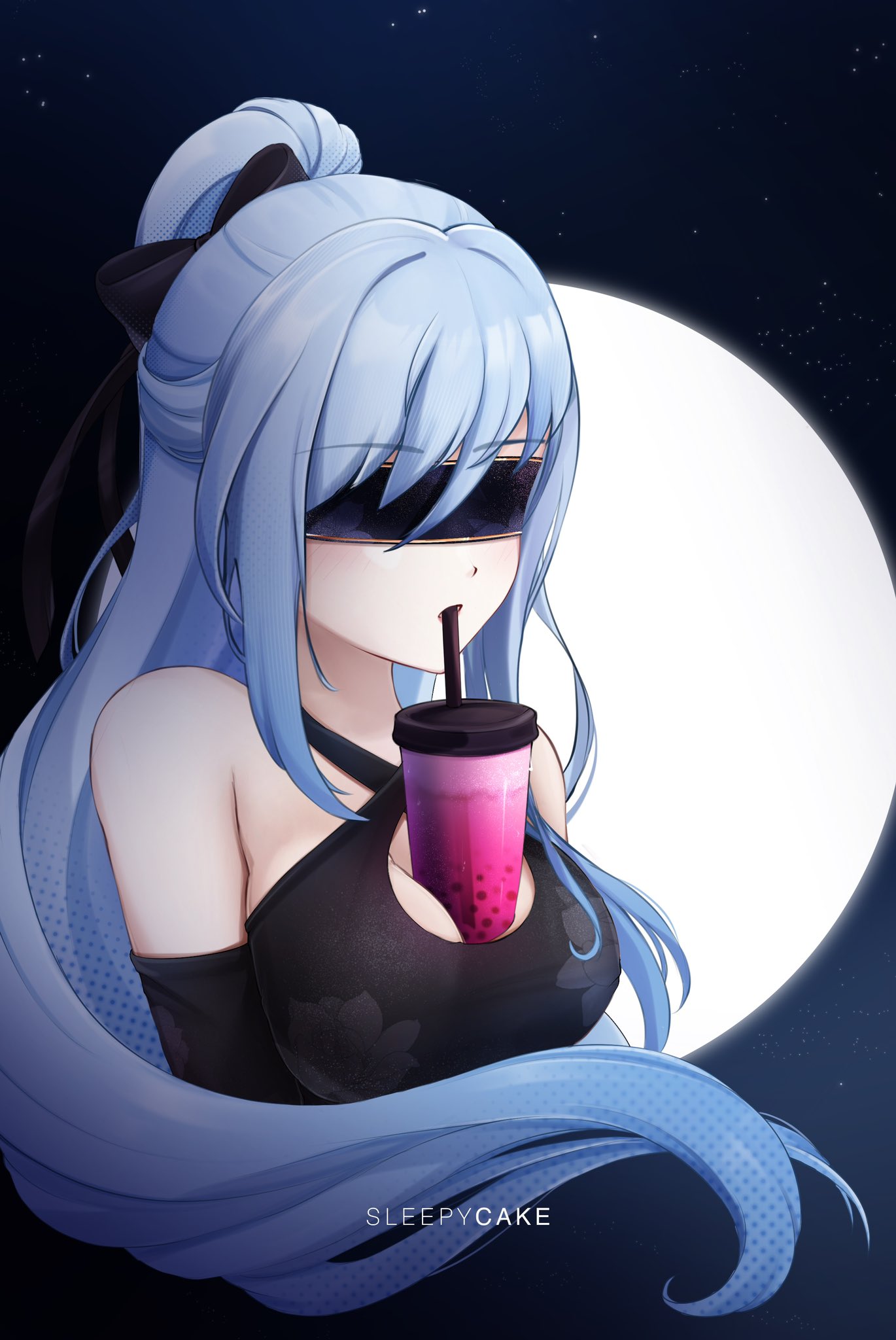 bare_shoulders black_bow black_dress blindfold blue_hair bow breasts bubble_tea bubble_tea_challenge cleavage dress drinking drinking_straw facing_to_the_side hair_bow hair_ornament high_ponytail highres honkai:_star_rail honkai_(series) jingliu_(honkai:_star_rail) large_breasts moon night night_sky ponytail sky sleepycake