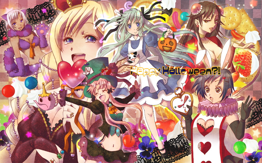 aika_granzchesta akira_ferrari alice_(wonderland) alice_(wonderland)_(cosplay) alice_carroll alice_in_wonderland alicia_florence animal_costume animal_ears apron aria athena_glory black_hair blonde_hair blue_eyes blue_hair breasts brown_eyes bunny_ears candy checkered checkered_background cheshire_cat cheshire_cat_(cosplay) cleavage cleavage_cutout closed_eyes cookie cosplay double_bun everyone flower food fruit green_hair halloween hat jack-o'-lantern jewelry large_breasts long_hair mad_hatter mad_hatter_(cosplay) medium_breasts midriff mizunashi_akari multiple_girls navel open_mouth parody pink_hair pocket_watch president_maa pumpkin purple_eyes queen_of_hearts queen_of_hearts_(cosplay) short_hair silver_hair smile strawberry teapot tomomi_(mltplus) top_hat twintails watch white_rabbit white_rabbit_(cosplay) yellow_eyes
