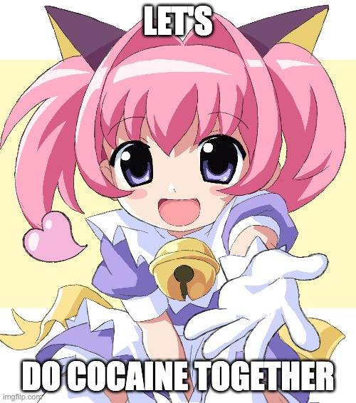 1girl animal_ears apron between_legs blush_stickers cat_ears cat_girl colinarmis commentary dress english_text gloves hair_intakes hand_between_legs heart impact_(font) let's_take_ibuprofen_together_(meme) meme miracle-chan open_hand open_mouth original pink_hair puffy_short_sleeves puffy_sleeves purple_dress purple_eyes reaching reaching_towards_viewer short_sleeves smile solo twintails waist_apron web_address white_gloves