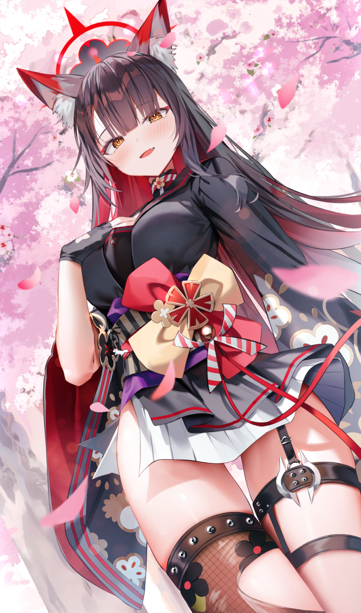 1girl animal_ears black_gloves black_hair black_kimono blue_archive blurry blush breasts cherry_blossoms commentary_request depth_of_field falling_petals fang fingerless_gloves fishnet_thighhighs fishnets floral_print fox_ears fox_girl from_below gloves halo hand_on_own_chest highres japanese_clothes kimono large_breasts long_hair looking_at_viewer obi open_mouth petals red_halo sash shuvi_(shuvi1125) side_slit single_thighhigh skin_fang skirt smile solo thigh_strap thighhighs thighs torn_clothes torn_thighhighs wakamo_(blue_archive) white_skirt wide_sleeves yellow_eyes