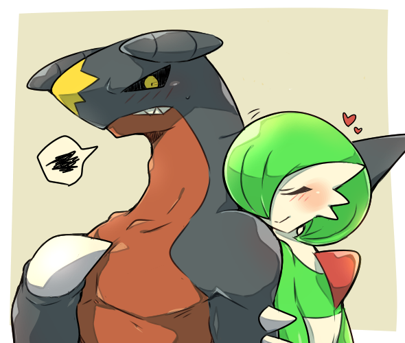 blush bob_cut claws closed_eyes colored_skin dragon fangs garchomp gardevoir green_hair heart multicolored_skin pokemon pokemon_(creature) simple_background smile subaru331 two-tone_skin white_skin yellow_eyes