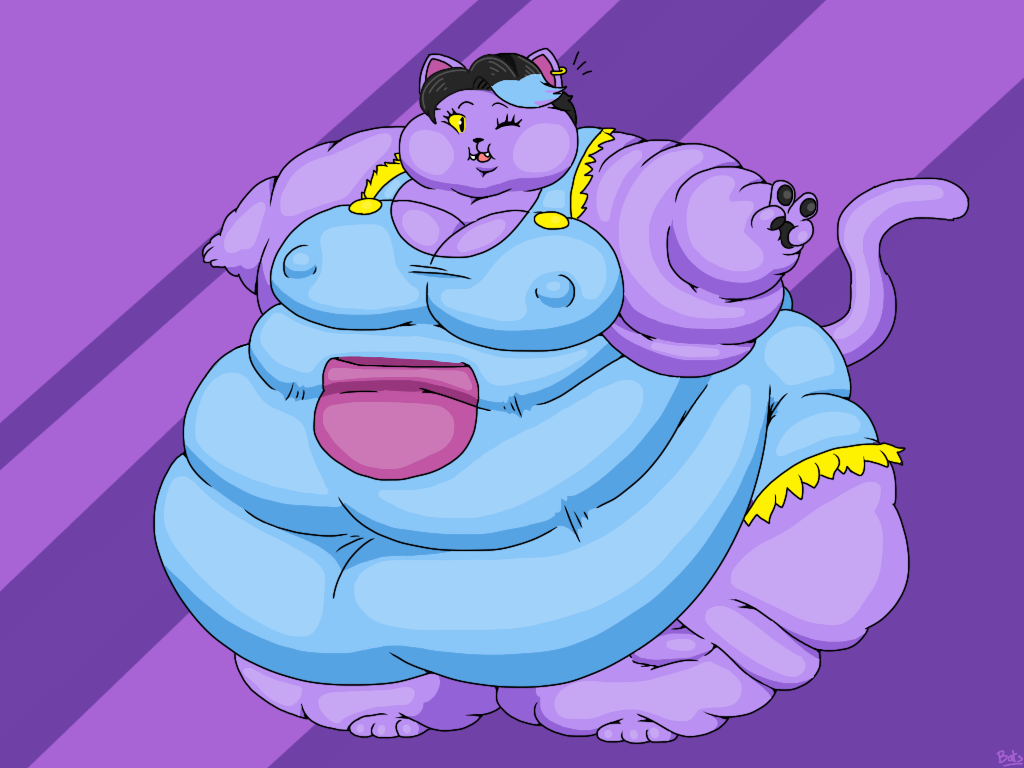 2018 3_toes 4:3 4_fingers anthro bar_emanata barefoot batspid2 belly big_belly big_breasts biped black_eyebrows black_eyes black_hair black_nose black_pawpads blue_clothing blue_hair breasts catty_(undertale) cel_shading cleavage clothed clothing digital_drawing_(artwork) digital_media_(artwork) domestic_cat double_chin ear_piercing emanata eyebrows eyelashes fangs feet felid feline felis female fingers flabby_arms front_view full-length_portrait fur gesture glistening glistening_eyes hair hand_gesture highlights_(coloring) huge_belly huge_thighs hyper hyper_thighs love_handles mammal morbidly_obese morbidly_obese_anthro morbidly_obese_female multicolored_hair navel nipple_outline obese obese_anthro obese_female one_eye_closed overalls overweight overweight_anthro overweight_female pattern_background pawpads piercing pink_tongue portrait purple_background purple_body purple_fur shaded signature simple_background smile solo standing striped_background tail teeth thick_thighs three-quarter_view tight_clothing toes tongue two_tone_hair undertale_(series) v_sign wide_hips yellow_sclera