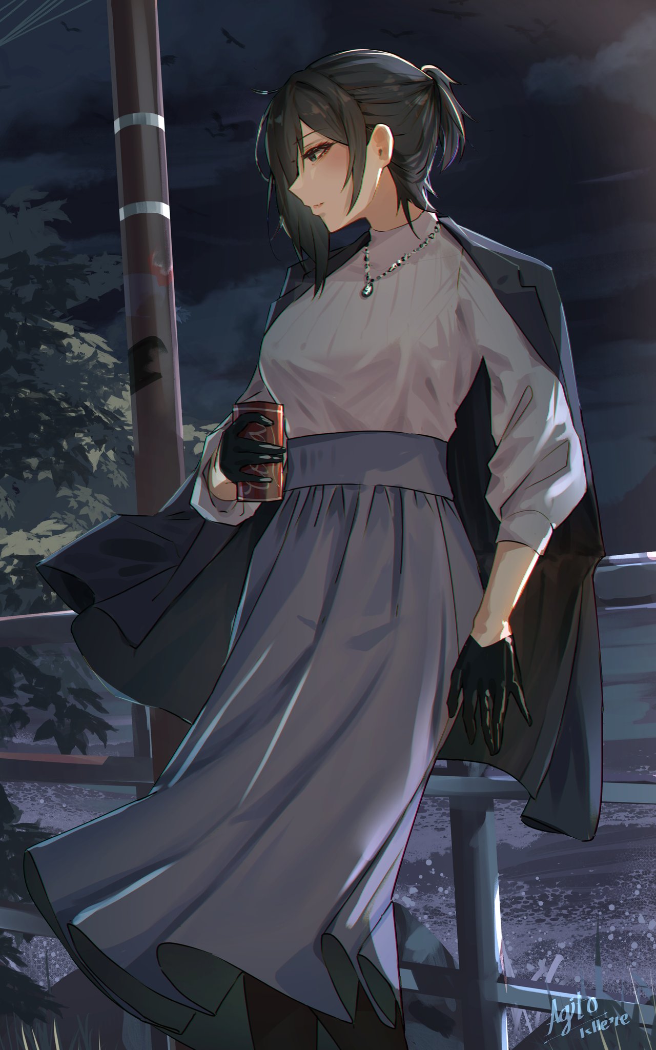 1girl against_railing agito_(agitoishere) black_hair blue_eyes blue_skirt can commentary_request grey_sweater highres holding holding_can jacket jacket_on_shoulders jewelry leaf long_skirt medium_hair necklace night night_sky original ponytail railing sidelocks skirt sky solo standing sweater sweater_tucked_in utility_pole yokoyama_ishimi
