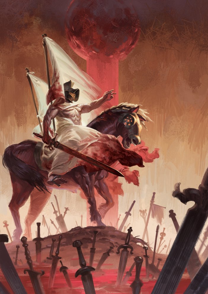1boy armor armored_animal banner battle_standard blood blood_on_clothes blood_on_weapon christian_mythology commentary delarave english_commentary field_of_blades flag full_moon greatsword helm helmet holding holding_weapon horseback_riding moon outstretched_arm pool_of_blood red_horse red_moon riding sword torn_flag war_(book_of_revelation) war_banner weapon white_flag