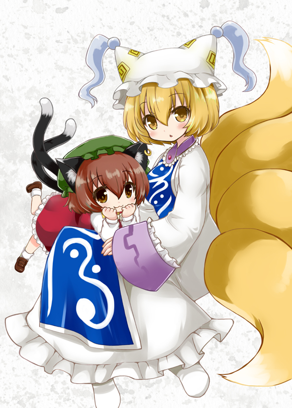 2girls :3 animal_ear_fluff animal_ear_piercing animal_ears blonde_hair blue_tabard blush brown_eyes brown_hair chen child commentary_request dress earrings fox_ears fox_tail full_body hair_between_eyes hands_up hat jewelry looking_at_viewer mob_cap multiple_girls multiple_tails nekomata parted_lips red_dress rikaon single_earring tabard tail touhou two_tails white_dress yakumo_ran yellow_eyes