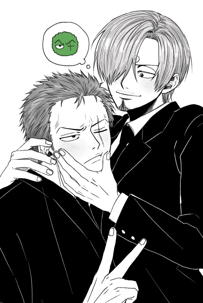 2boys blush couple enahr_1111 facial_hair goatee greyscale hand_on_another's_cheek hand_on_another's_face male_focus marimo_zoro monochrome multiple_boys muscular muscular_male one_piece roronoa_zoro sanji_(one_piece) short_hair spot_color thought_bubble upper_body v yaoi