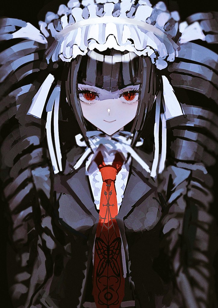 1girl asawa_a31 black_background black_jacket celestia_ludenberg collared_shirt danganronpa:_trigger_happy_havoc danganronpa_(series) drill_hair headdress jacket long_hair necktie open_clothes open_jacket print_necktie red_eyes red_necktie shirt smile solo twin_drills twintails upper_body white_shirt