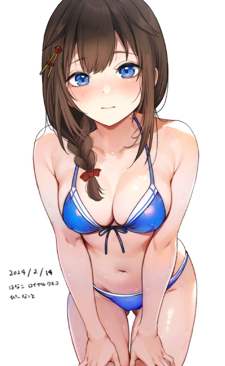 1girl ahoge bikini blue_bikini blue_eyes braid breasts brown_hair closed_mouth collarbone dated hair_flaps hair_ornament hair_over_shoulder hairpin hanako_(peanut) hands_on_own_thighs kantai_collection large_breasts leaning_forward light_blush long_hair looking_at_viewer navel official_alternate_costume shigure_(kancolle) shigure_kai_san_(kancolle) single_braid solo swimsuit white_background