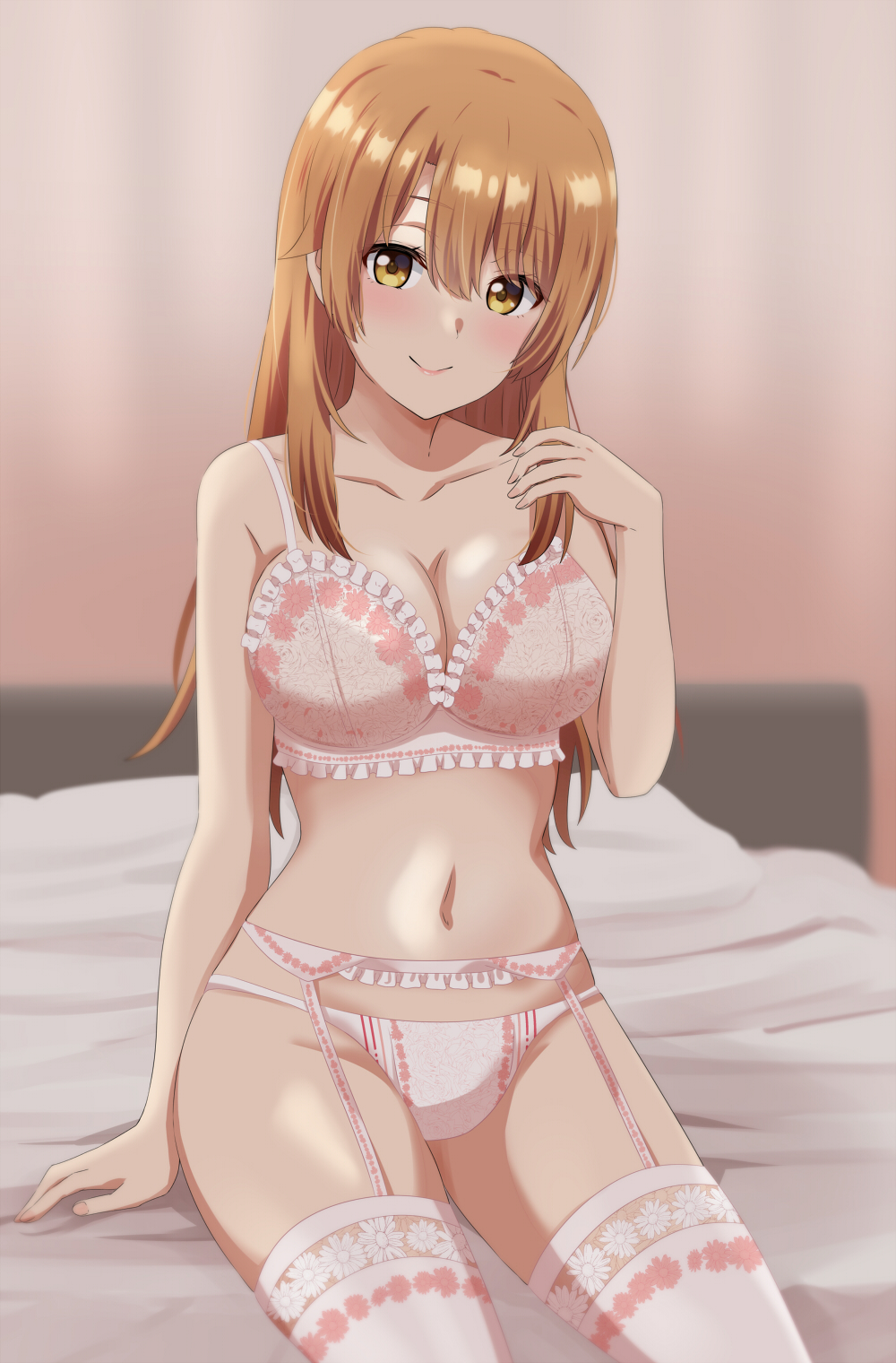 1girl aged_up alternate_hair_length alternate_hairstyle bed blush bra breasts brown_hair cleavage closed_mouth collarbone dars_(recolors) garter_belt highres isshiki_iroha large_breasts long_hair looking_at_viewer navel on_bed panties sitting smile solo thighhighs underwear white_bra white_garter_belt white_panties white_thighhighs yahari_ore_no_seishun_lovecome_wa_machigatteiru. yellow_eyes