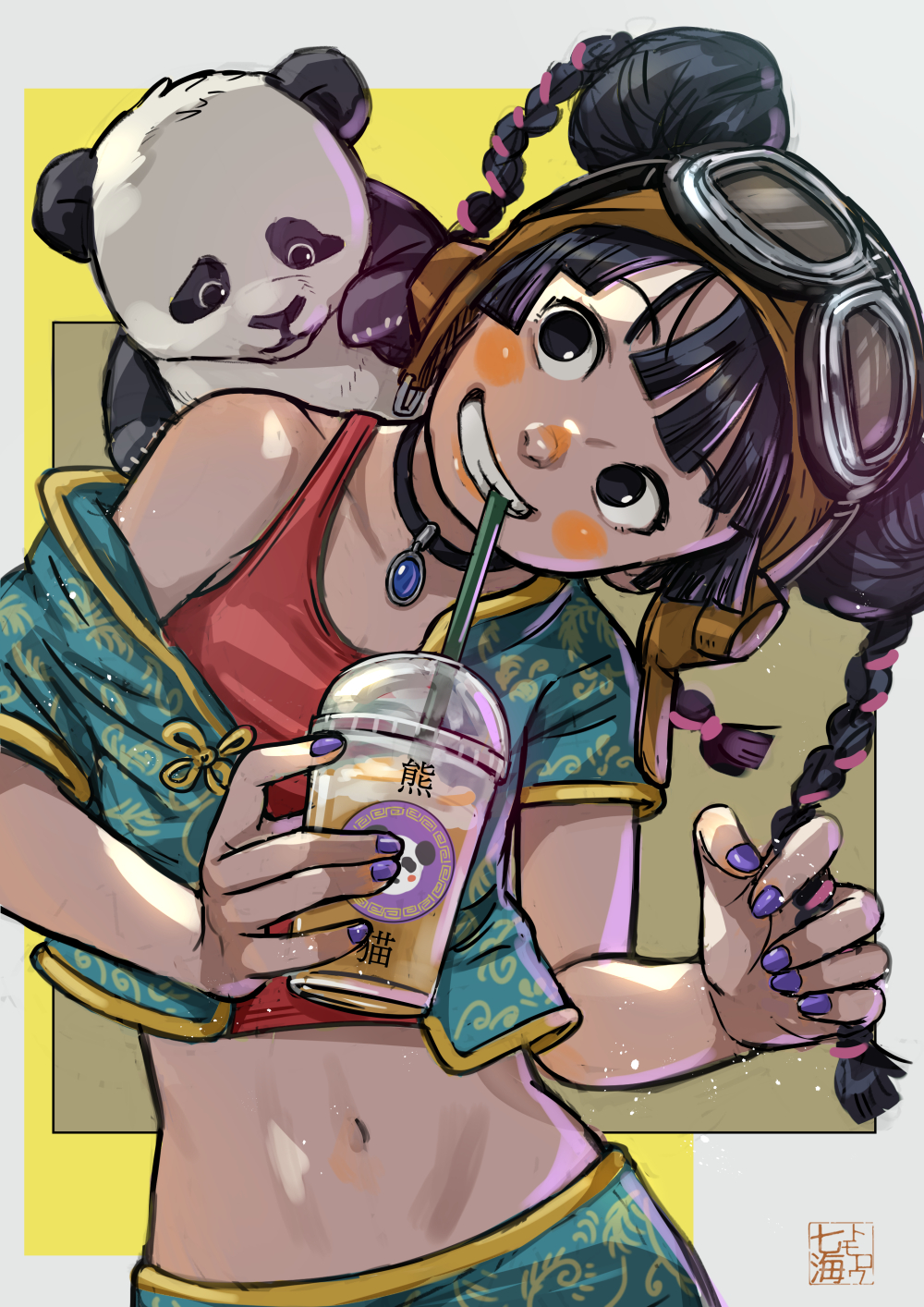 1girl animal animal_on_back aviator_cap black_eyes black_hair blunt_ends blush braid chinese_clothes choker crop_top cup disposable_cup double_bun drinking drinking_straw goggles goggles_on_headwear grin hair_bun head_tilt highres holding holding_cup leaning_to_the_side looking_at_viewer mandarin_collar midriff multicolored_hair nanami_tomorou navel nose_blush original panda pendant_choker purple_nails short_sleeves single_bare_shoulder smile solo streaked_hair twin_braids
