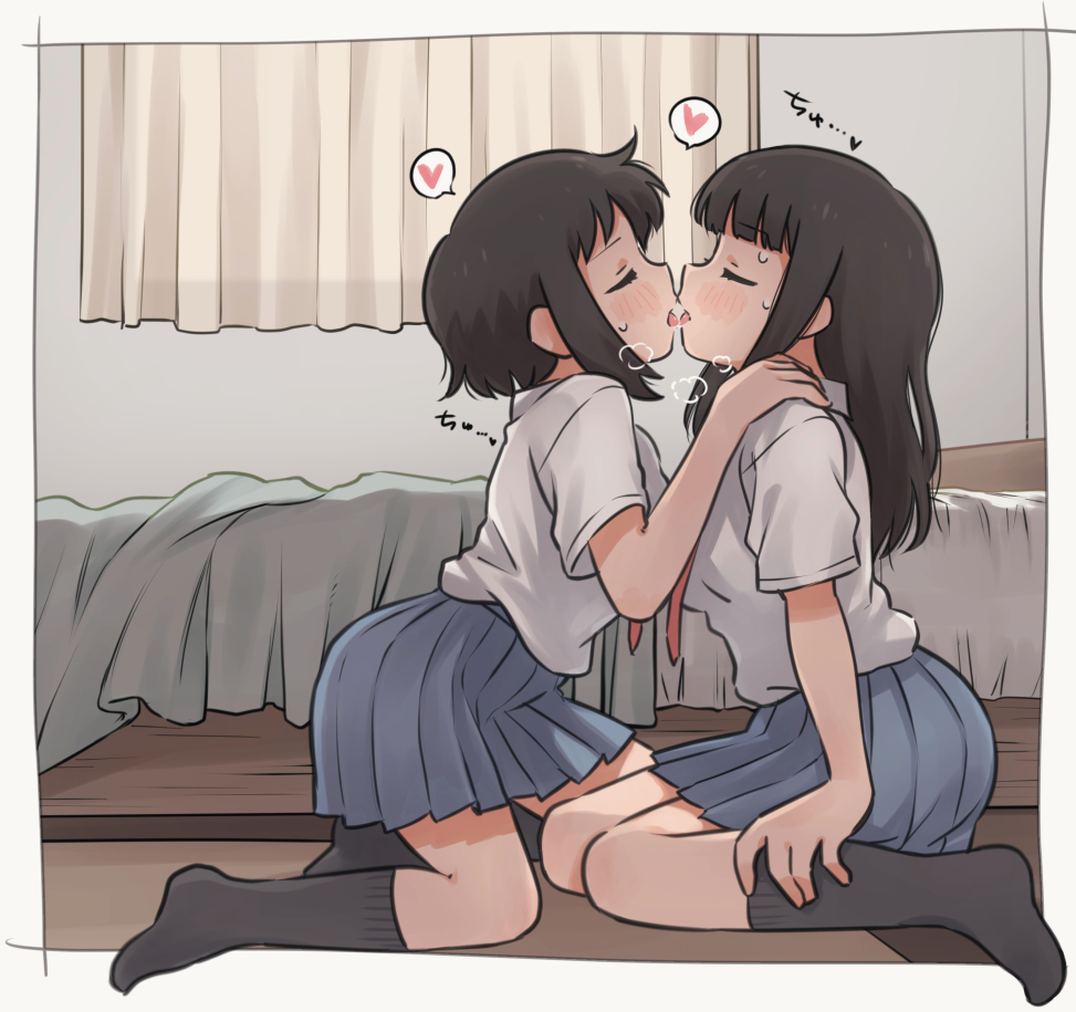 2girls bed bedroom bernard-jou_iwaku. black_hair black_socks blue_skirt blunt_bangs blush breasts closed_eyes curtains day face-to-face french_kiss from_side full_body hand_on_another's_shoulder heart heavy_breathing indoors kanbayashi_shiori kiss kneehighs kneeling large_breasts long_hair machida_sawako meis_(terameisu) multiple_girls no_shoes pleated_skirt profile school_uniform shirt short_hair short_sleeves sidelocks sitting skirt socks spoken_heart tongue tongue_out white_shirt window yuri