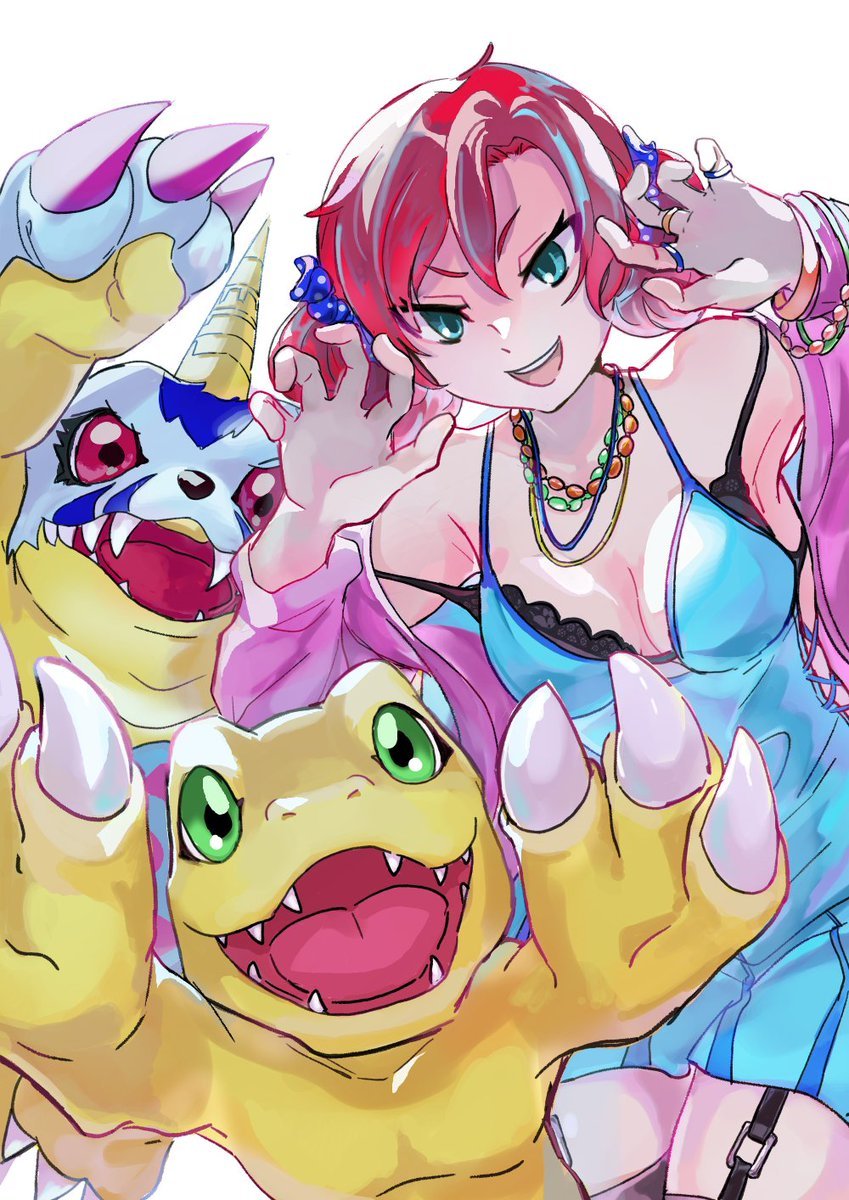 1girl agumon black_bra black_thighhighs blue_camisole blue_eyes bra breasts camisole claw_pose claws cleavage colored_skin cross-laced_clothes cross-laced_top digimon digimon_story:_cyber_sleuth fewer_digits gabumon garter_straps green_eyes highres horns jacket medium_breasts medium_hair mk_ilaccount open_mouth orange_skin pink_jacket red_eyes red_hair reptile sharp_teeth shiramine_nokia sideless_outfit simple_background single_horn spaghetti_strap teeth thighhighs twintails underwear upper_body white_background