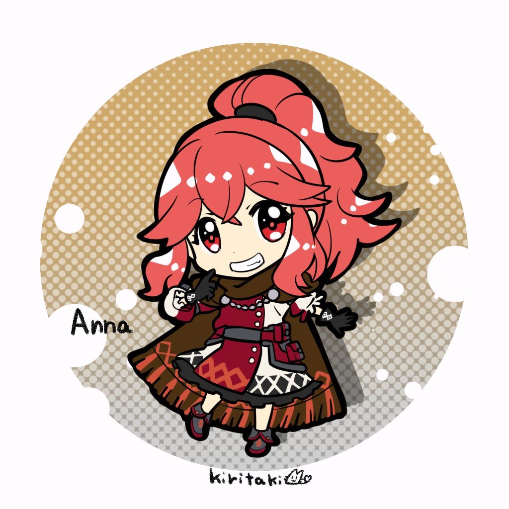 1girl anna_(fire_emblem) artist_name black_gloves brown_cape cape character_name chibi chibi_only crossed_bangs dress fire_emblem fire_emblem_engage gloves kiritaki long_hair looking_at_viewer ponytail red_dress red_eyes red_hair smile solo teeth two-tone_dress white_dress