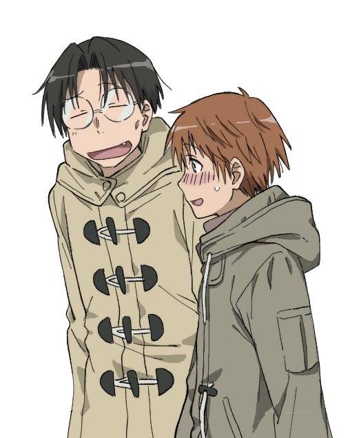 2boys black_hair blush brown_hair fang genshiken glasses hato_kenjirou hood hoodie jacket madarame_harunobu male_focus marutei2 multiple_boys otaku short_hair simple_background