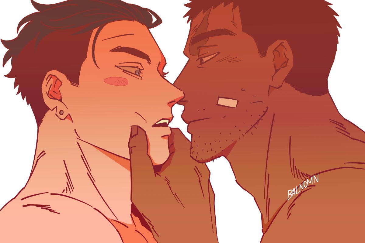2boys adam's_apple balnom bandaid bandaid_on_cheek bandaid_on_face bara blush_stickers dark-skinned_male dark_skin face-to-face from_side grabbing_another's_chin gukhyeon_(balnom) hand_on_another's_chin imminent_kiss jiseung_(balnom) male_focus mature_male multiple_boys nude original portrait short_hair thick_eyebrows undercut yaoi