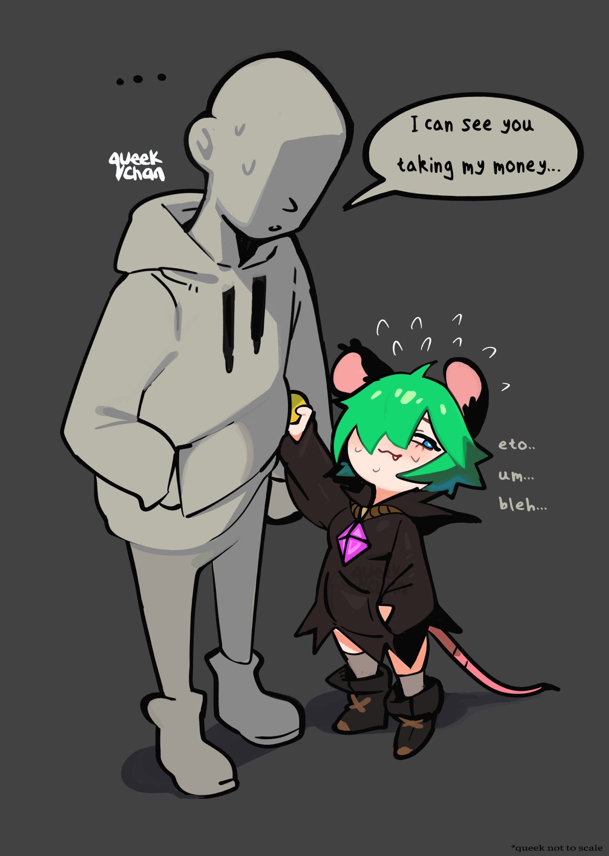 1boy 1girl animal_ears black_background blue_eyes blush coin crystal faceless faceless_male flustered full_body green_hair hand_in_pocket highres hood hood_down hoodie jewelry looking_at_another looking_to_the_side mouse_ears mouse_girl mouse_tail necklace original pickpocket queekchan shadow shoes simple_background socks standing sweatdrop tail theft