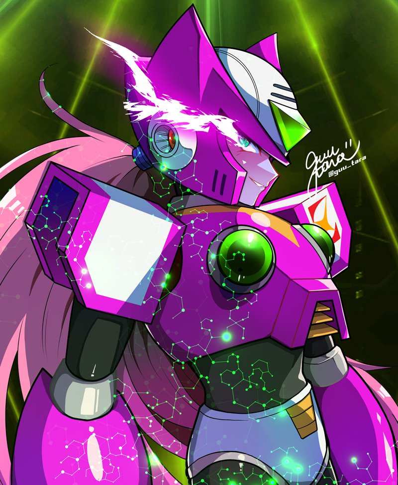 1boy android armor chest_jewel cowboy_shot eye_trail forehead_jewel green_eyes guutara helmet light_trail looking_at_viewer male_focus mega_man_(series) mega_man_x_(series) pink_hair purple_armor purple_helmet shoulder_armor signature smirk solo twitter_username zero_nightmare_(mega_man)