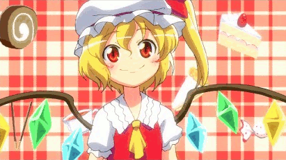 &gt;_&lt; :d animated animated_gif arms_up blonde_hair blush_stickers cake candy closed_eyes fang flandre_scarlet flapping food fourth_wall happy hat kiss lowres mukai o3o open_mouth pocky red_eyes short_hair side_ponytail smile solo touhou xd