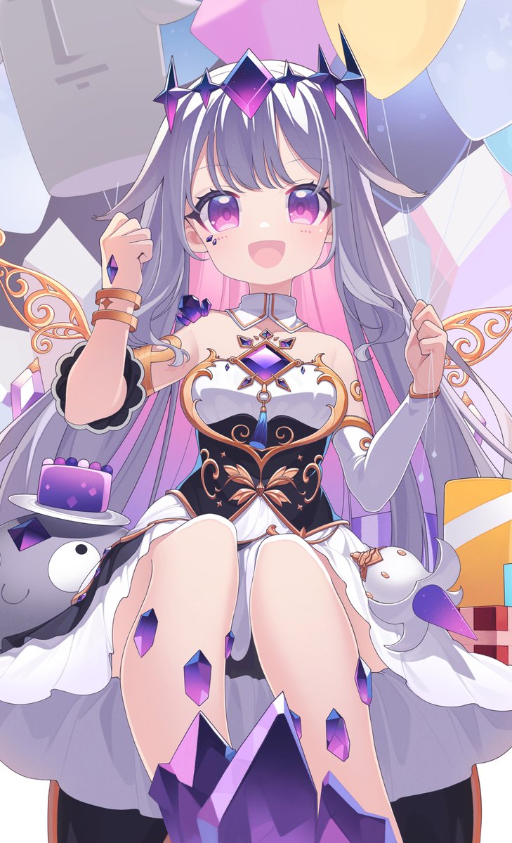 1girl :d balloon bracelet chest_jewel colored_inner_hair detached_collar detached_sleeves eskimofox flat_chest grey_hair hair_flaps hair_ornament hand_jewel holding holding_balloon hololive hololive_english jewelry koseki_bijou koseki_bijou_(1st_costume) long_sleeves looking_at_viewer material_growth multicolored_hair pebble_(koseki_bijou) pink_hair purple_eyes single_detached_sleeve sitting smile solo virtual_youtuber