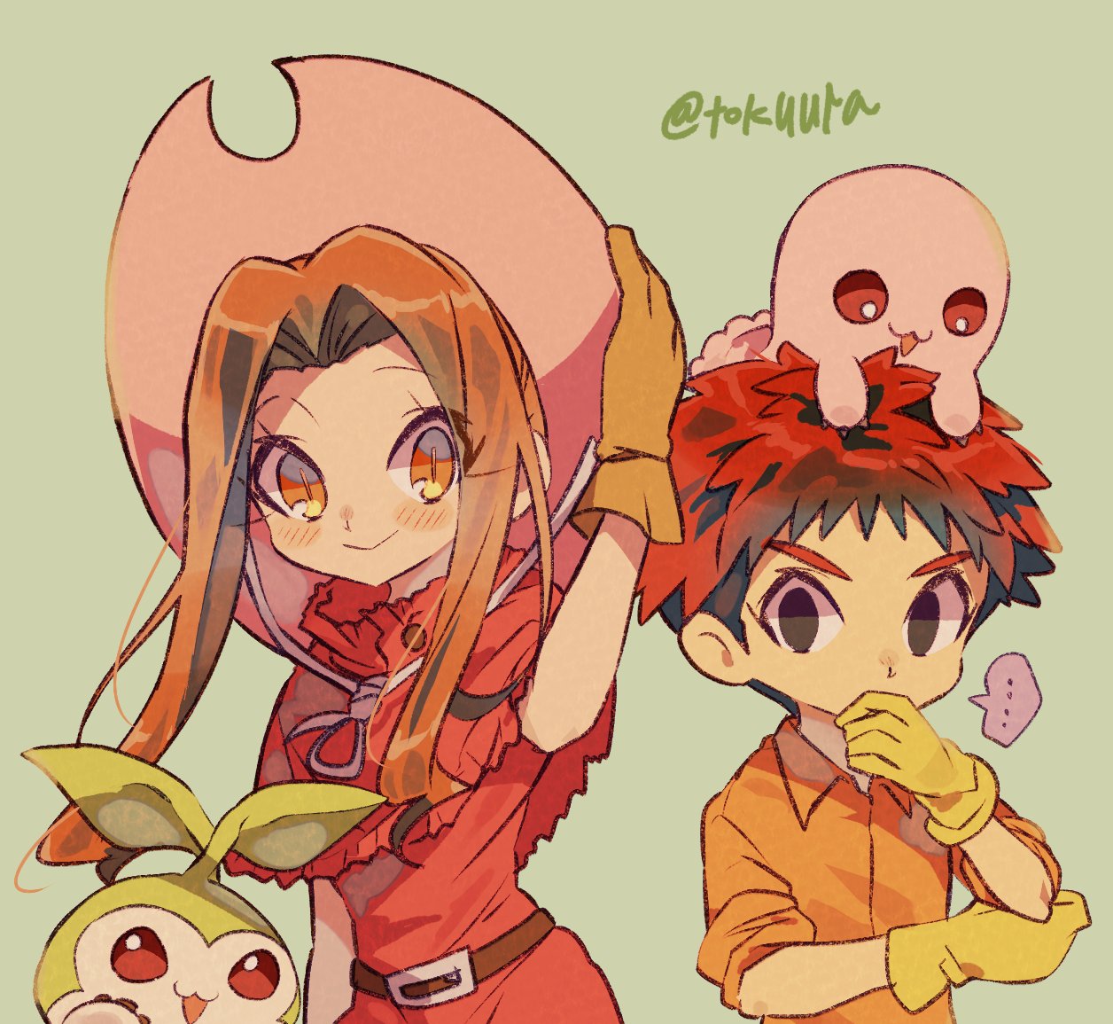 1boy 1girl 2others belt blush brown_belt capelet commentary_request cowboy_shot digimon digimon_(creature) dress gloves green_background hand_on_headwear hat izumi_koshiro long_hair looking_at_viewer mochimon multiple_others on_head orange_shirt pink_hat red_capelet red_dress shirt short_hair sidelocks simple_background smile tachikawa_mimi tanemon tokuura twitter_username yellow_gloves
