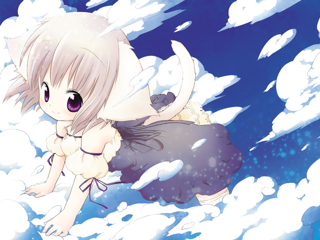 animal_ears arm_support bare_shoulders cat_ears cat_tail cloud dress grey_hair hands jpeg_artifacts kotohisa_kao looking_at_viewer original short_hair sky smile solo tail wallpaper