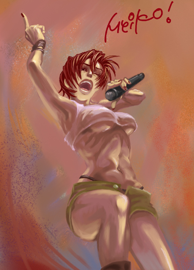 breasts choux large_breasts meiko microphone midriff navel one_eye_closed open_mouth red_hair short_hair shorts solo underboob vocaloid