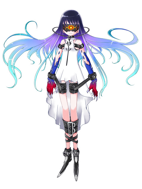 artist_request blindfold claws copyright_request cuffs dress facing_viewer gown gradient_hair jpeg_artifacts multicolored_hair solo