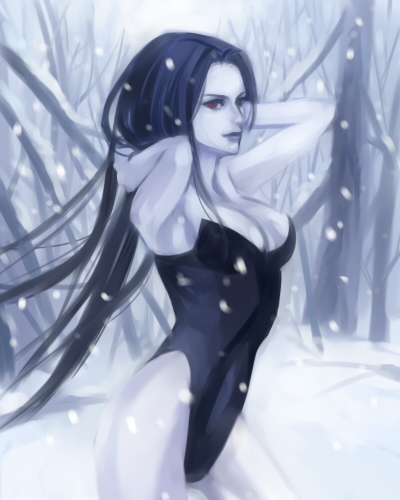 1girl arms_up bare_shoulders blue_hair blue_lips blue_skin breasts cleavage female final_fantasy final_fantasy_vii forest kareji leotard long_hair lowres monochrome nature outdoors red_eyes snow snow_(ff7) solo tree very_long_hair