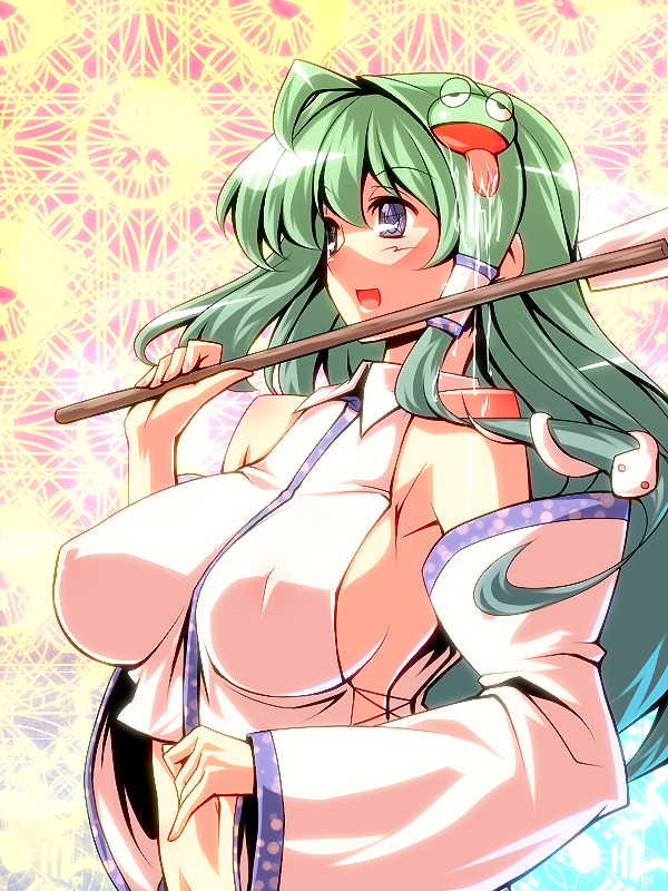 bad_id bad_pixiv_id bare_shoulders breasts crop_top detached_sleeves green_hair hair_ornament kochiya_sanae large_breasts long_hair midriff open_mouth sideboob solo symbol-shaped_pupils tongue touhou tro