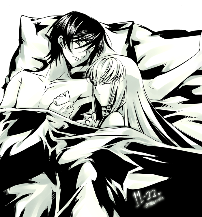 1girl afterglow armpits bed c.c. closed_eyes code_geass couple creayus dated hetero holding_hands lelouch_lamperouge long_hair lying monochrome on_back on_side pillow sleeping yellow