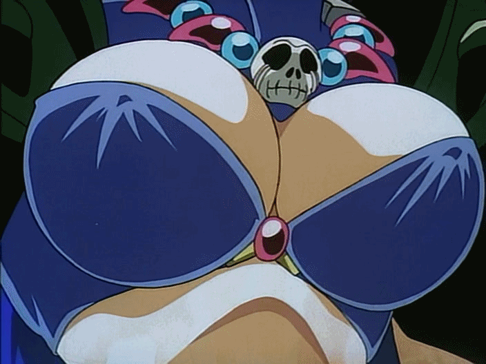1girl 90s animated animated_gif bikini bouncing_breasts breasts cleavage cleavage_cutout erect_nipples female large_breasts naga_the_serpent necklace nipples skull slayers solo swimsuit