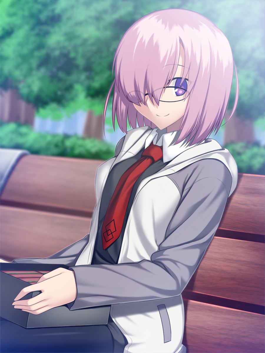 alternate_costume bench bespectacled casual commentary_request fate/grand_order fate_(series) food glasses highres lunchbox mash_kyrielight necktie park_bench sandwich skylader solo