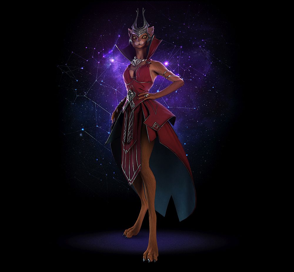:3 black_background breasts cgi clothing crown digital_media_(artwork) digitigrade dress feline female fur hand_on_hip looking_at_viewer mammal master_of_orion mrrshan necklace pose red_fur ring shaded simple_background solo star tall unknown_artist video_games yellow_eyes
