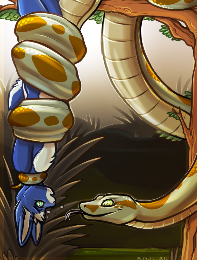 2015 anthro black_scales blue_eyes blue_fur branch coiling duo eye_contact feral forked_tongue fur gold_skin grass hypnosis hypnotic_eyes lagomorph loike male mammal mind_control open_mouth rabbit reptile royalty_(artist) scalie side_view snake tongue tongue_out tree upside_down white_fur white_skin yellow_eyes